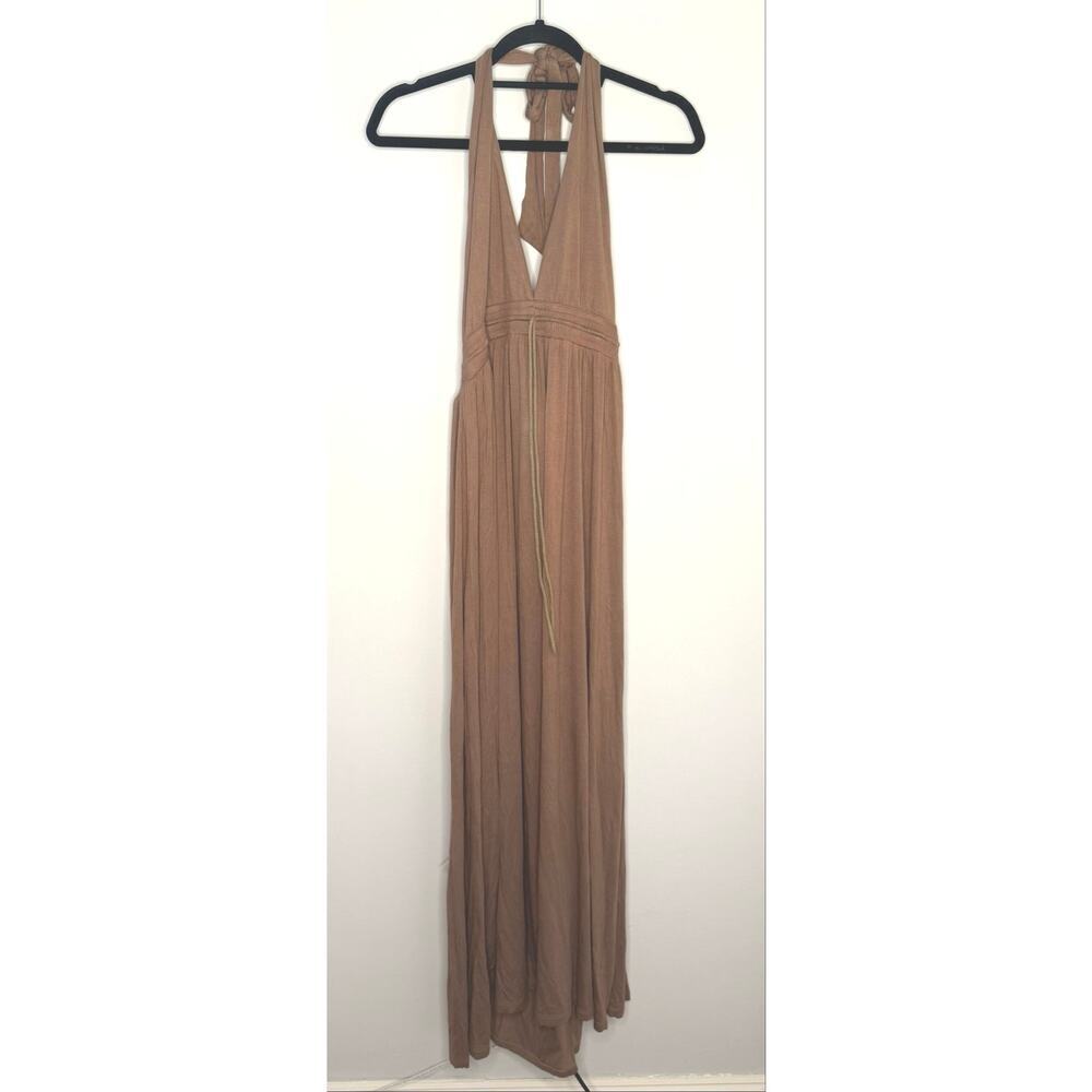 Voll Brown Cotton Halter Maxi Dress Elastic Drawstring Waist Sz L Minimalist